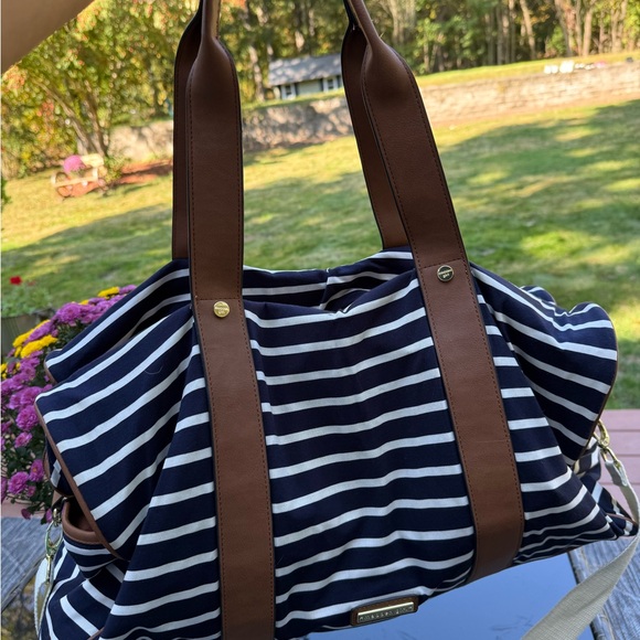 Madden Girl Handbags - Madden Girl Navy and White Striped Tote with Brown Trim